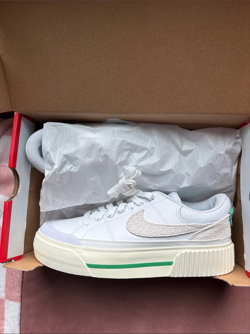 Nike White Platform Sneakers with Green Stripe - Women's